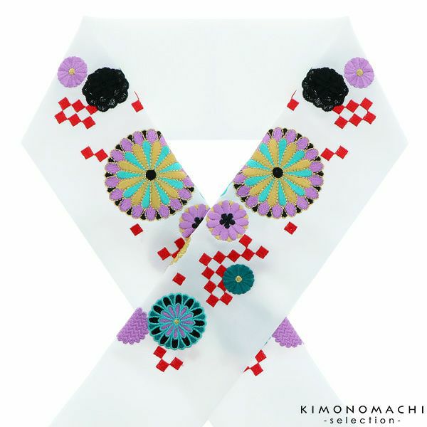 刺繍半衿「白色　市松に菊花」刺繍半襟 洒落衿 振袖小物 レトロ 振袖衿
