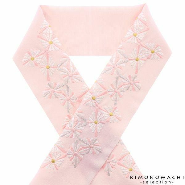 刺繍半衿「薄ピンク色　菊菱亀甲」正絹半衿 振袖衿 振袖小物  刺繍半襟
