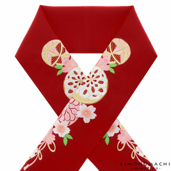 刺繍半衿「赤色　毬、花薬玉」刺繍半襟 洒落衿 華やか  振袖衿