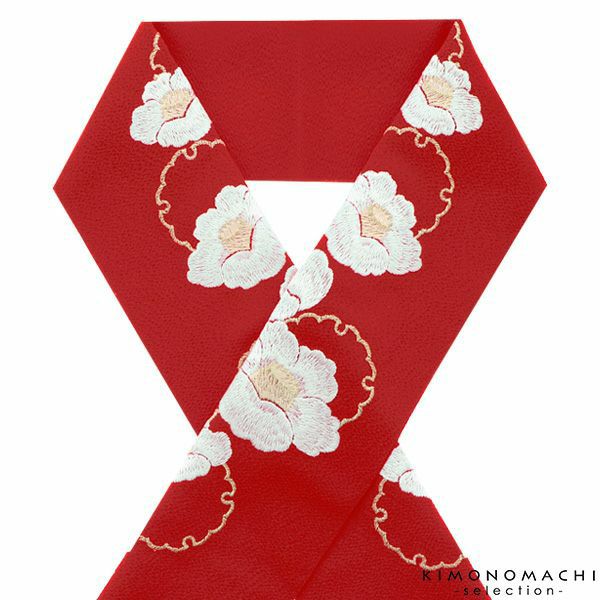 刺繍半衿「赤色　雪輪に白椿」刺繍半襟 洒落衿 華やか  振袖衿