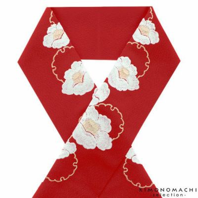 【Prices down】刺繍半衿「赤色　雪輪に白椿」刺繍半襟 洒落衿 華やか  振袖衿 【メール便不可】＜H＞ss2503wkm15