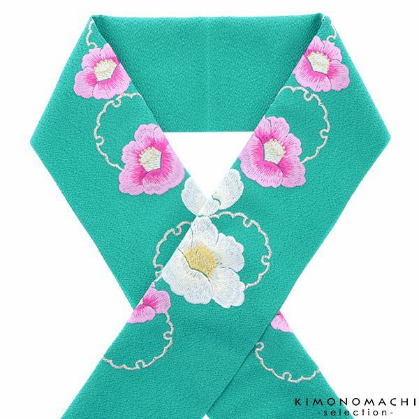 刺繍半衿「ターコイズ　雪輪に椿」刺繍半襟 洒落衿 華やか  振袖衿