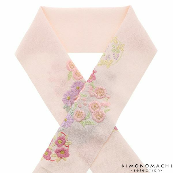 刺繍半衿「ピンク　花の丸」刺繍半襟 洒落衿 華やか  振袖衿