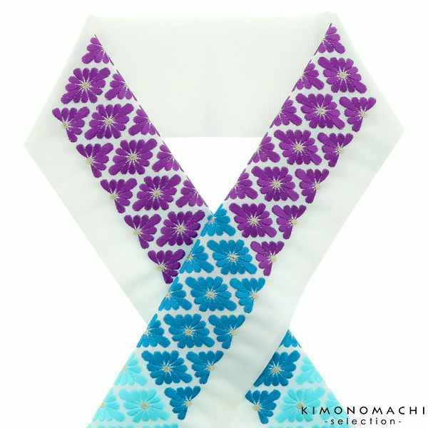刺繍半衿「紫×青×水色　菊菱」刺繍半襟 洒落衿 華やか  振袖衿