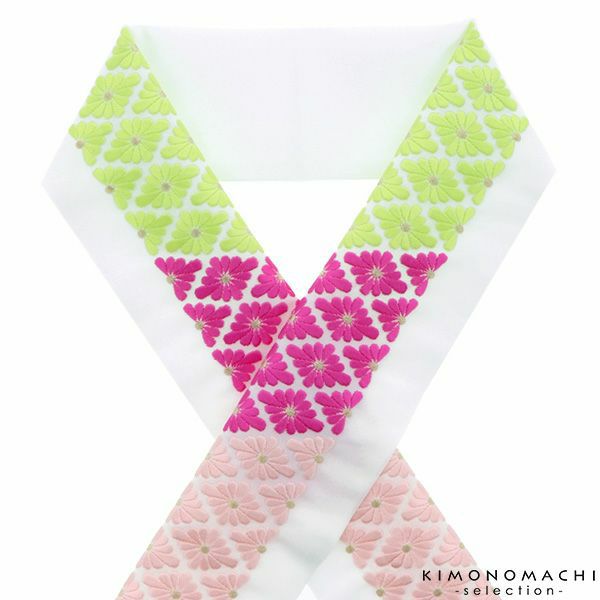 刺繍半衿「黄緑×赤紫×ピンク　菊菱」刺繍半襟 洒落衿 華やか  振袖衿