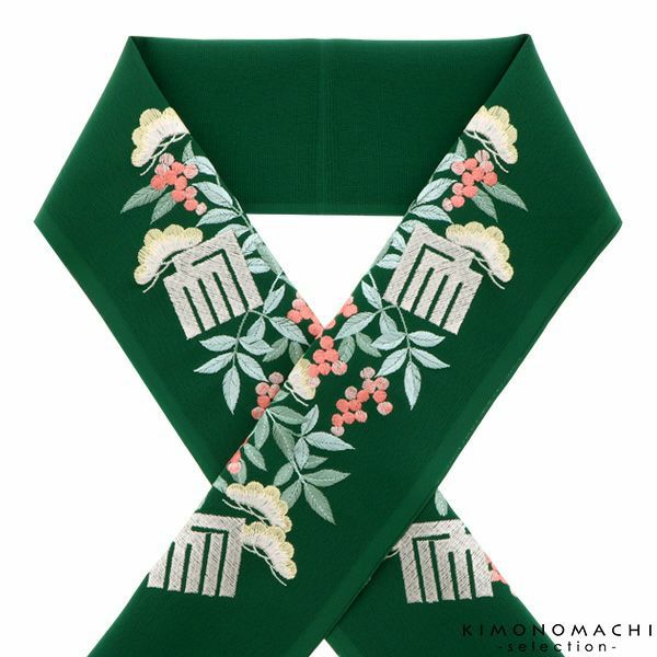 刺繍半衿「緑色 松と南天、源氏香」シルフィル 振袖衿 テイジン ラミエール 刺繍半襟