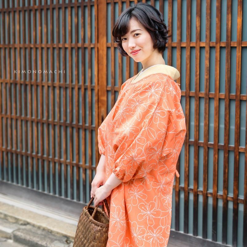 母の日割クーポンで200円OFF)ロング丈 割烹着「オレンジピンク