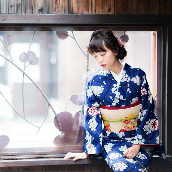 単衣着物単品「紺青色　菱格子」4TL（3L）、4LW、4TW（4L） 洗える着物 大きいサイズ お仕立て上がり着物 夢館オリジナル