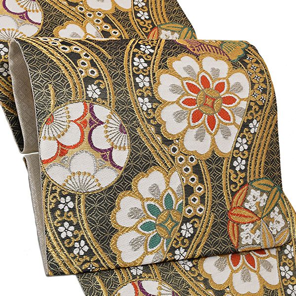 振袖袋帯「黒色　立涌に花文」お仕立て上がり 振袖帯 六通柄 振袖に 礼装帯