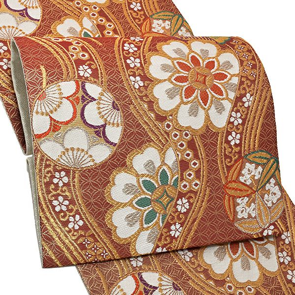 振袖袋帯「臙脂色　立涌に花文」お仕立て上がり 振袖帯 六通柄 振袖に 礼装帯