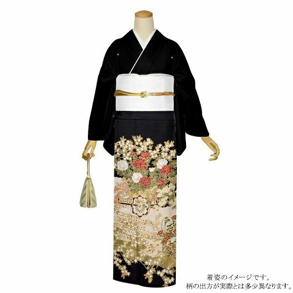お仕立て上がり黒留袖単品「流水に花車」紋入れ代込み 留袖 結婚式  正絹着物
