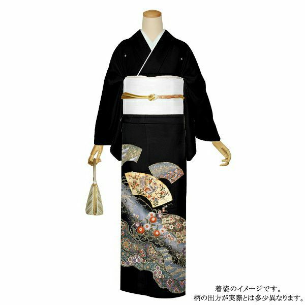 お仕立て上がり黒留袖単品「道長取り　扇面に吉祥模様」紋入れ代込み 留袖 結婚式  正絹着物 【メール便不可】＜T＞