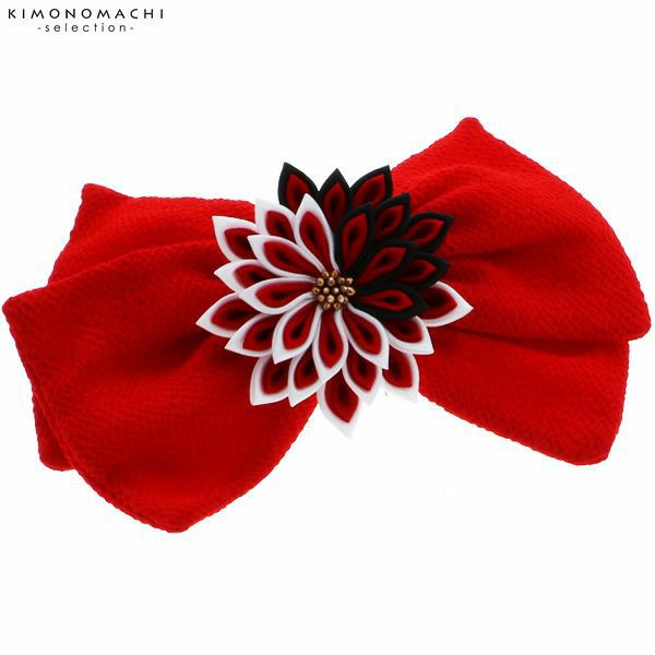 リボン髪飾り単品「赤色リボン、つまみのお花」袴髪飾り 成人式、前撮り、結婚式の振袖に リボンコーム  振袖髪飾り （TE18-01）