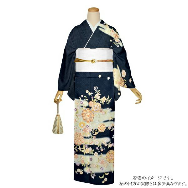 お仕立て上がり訪問着単品「鉄納戸色　霞に唐華」正絹着物 フォーマル 結婚式 パーティー 正絹訪問着