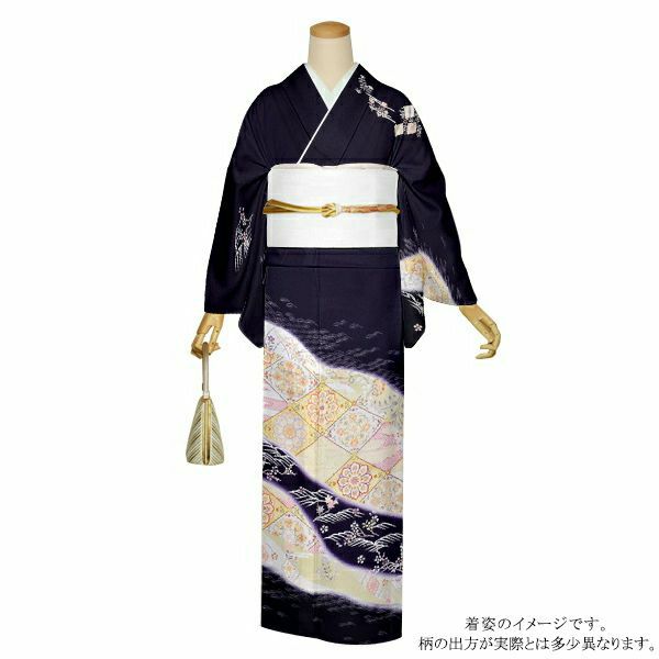 お仕立て上がり訪問着単品「紫紺色 道長取りに波、菱格子」正絹着物 