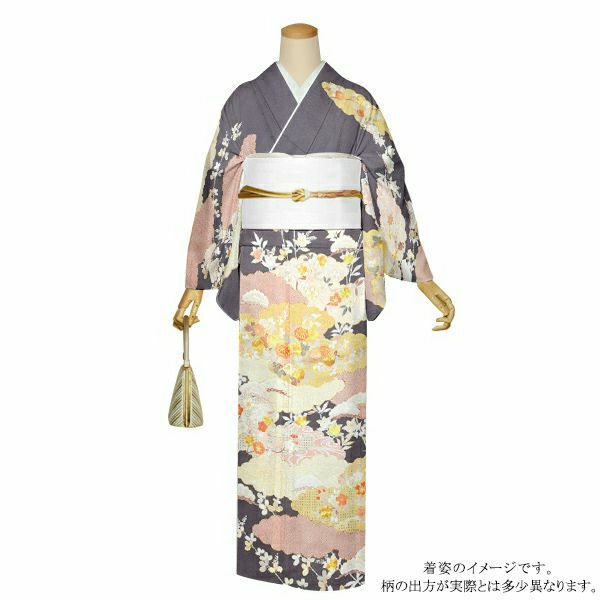 お仕立て上がり訪問着単品「鼠色　雲に吉祥草花」正絹着物 フォーマル 結婚式 パーティー 正絹訪問着 【メール便不可】＜T＞