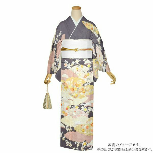 お仕立て上がり訪問着単品「鼠色　雲に吉祥草花」正絹着物 フォーマル 結婚式 パーティー 正絹訪問着