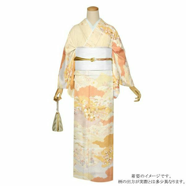 お仕立て上がり訪問着単品「薄ベージュ　雲、霞に貝桶」正絹着物 フォーマル 結婚式 パーティー 正絹訪問着