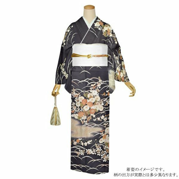 お仕立て上がり訪問着単品「濃鼠色　霞、芝に菊、萩」正絹着物 フォーマル 結婚式 パーティー 正絹訪問着