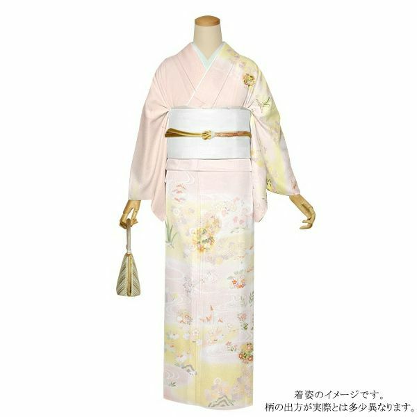 お仕立て上がり訪問着単品「薄ピンク色　流水に雪輪、草花」正絹着物 フォーマル 結婚式 パーティー 正絹訪問着