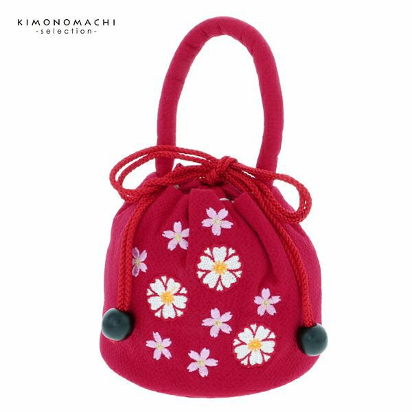 七五三巾着単品「ラズベリーレッド　お花の刺繍」桃の節句、ひな祭り 刺繍巾着 3歳、5歳のお子様に  巾着バッグ