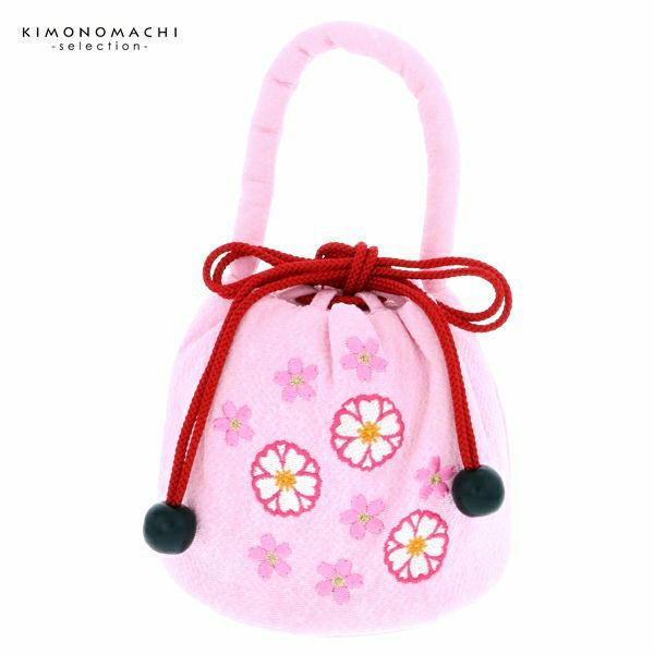 七五三巾着単品「ピンク　お花の刺繍」桃の節句、ひな祭り 刺繍巾着 3歳、5歳のお子様に  巾着バッグ