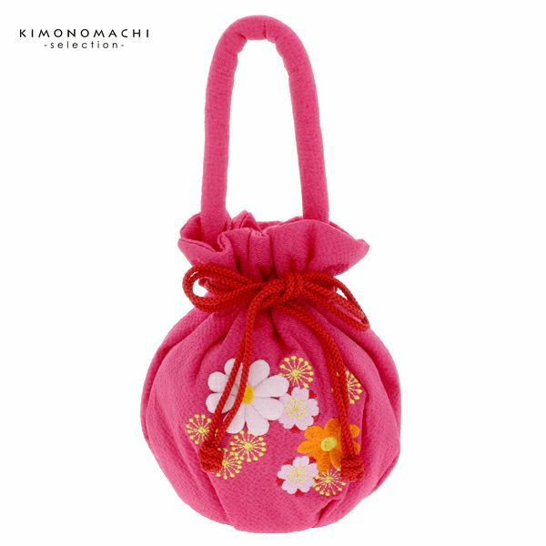 七五三巾着単品「ラズベリーピンク　お花の刺繍、押絵」桃の節句、ひな祭り 刺繍巾着 3歳、5歳のお子様に  巾着バッグ