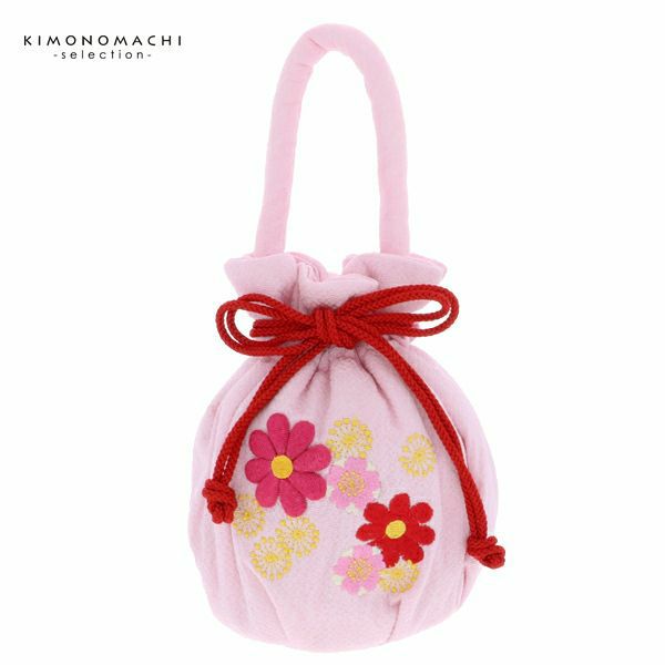 七五三巾着単品「薄ピンク　お花の刺繍、押絵」桃の節句、ひな祭り 刺繍巾着 3歳、5歳のお子様に  巾着バッグ