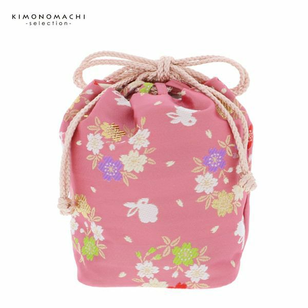 七五三巾着単品「ピンク　桜とうさぎ」桃の節句、ひな祭り 金襴   巾着バッグ