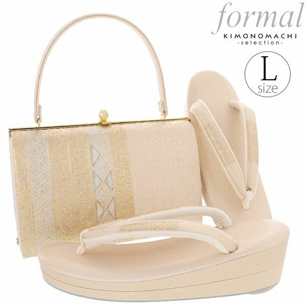 礼装草履バッグセット「ゴールド　縞に更紗」Lサイズ フォーマル 結婚式、式典、卒業式、入学式に 螺鈿細工 二枚芯