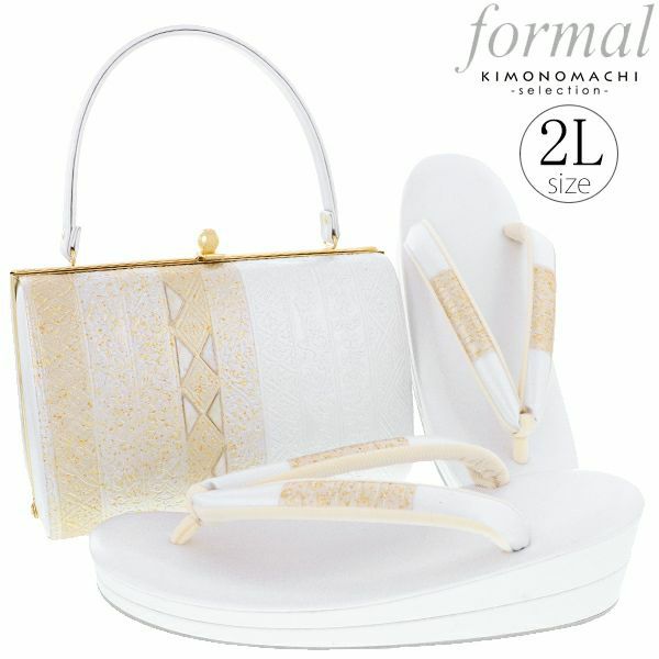礼装草履バッグセット「シルバー　縞に更紗」2Lサイズ フォーマル 結婚式、式典、卒業式、入学式に 螺鈿細工 二枚芯