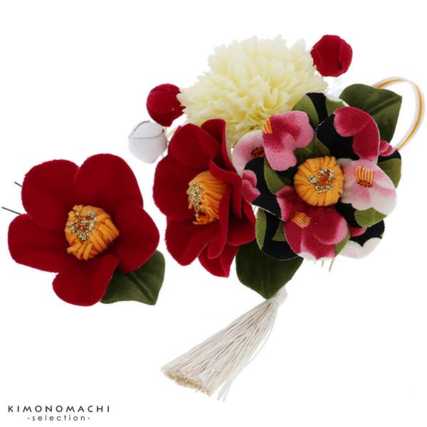 振袖髪飾り2点セット「赤色　椿のお花」お花髪飾り 成人式、前撮り、結婚式の振袖に 卒業式の袴にも  振袖髪飾り （1545）
