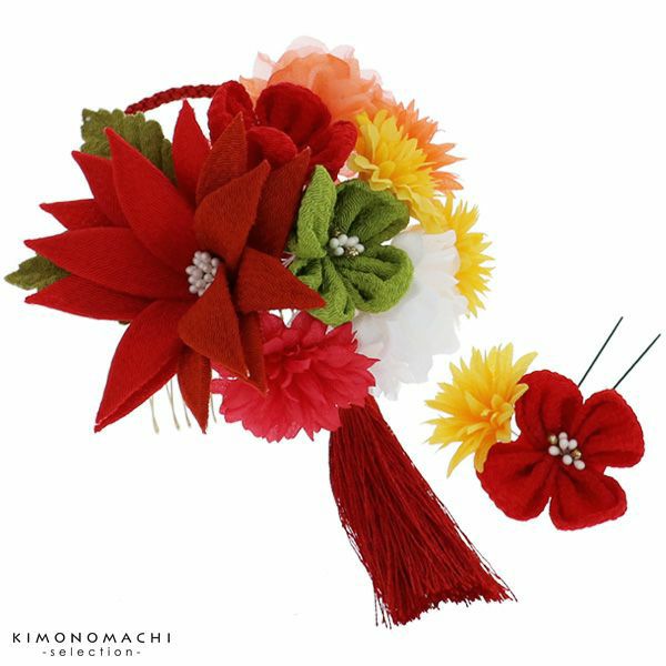 振袖髪飾り2点セット「赤色　お花、房飾り」お花髪飾り 成人式、前撮り、結婚式の振袖に 卒業式の袴にも つまみ細工 振袖髪飾り （4005）
