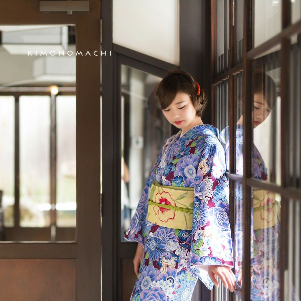 京袋帯、袷着物セット「パープル 花とハリネズミ、リス」S、M、L