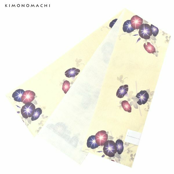 麻半幅帯「オフホワイト　朝顔」浴衣帯 半巾帯 夏着物、浴衣に  夏帯