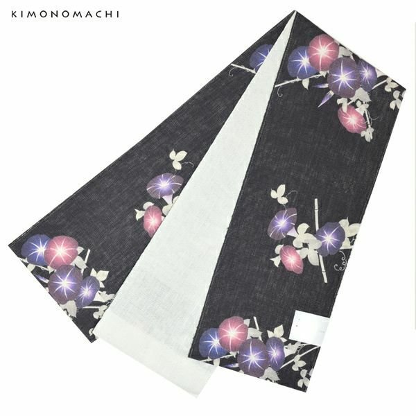 麻半幅帯「黒色　朝顔」浴衣帯 半巾帯 夏着物、浴衣に  夏帯