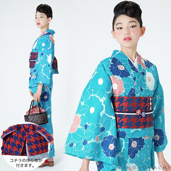 Prices down】作り帯浴衣セット「そら色 夏椿」S、F、TL、LL 2点セット
