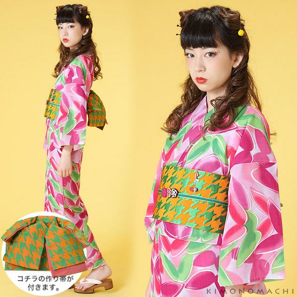 浴衣SALE最大77％OFF 9/11迄)作り帯浴衣セット「ビビッドピンク