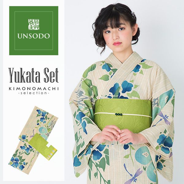 芸艸堂浴衣セット「ブルー　花とトンボ」荻野一水 綿浴衣 日本製 UNSODO 注染