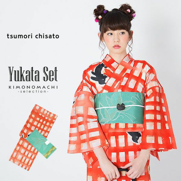 ツモリチサト浴衣セット「赤格子　猫」tsumori chisato 女性浴衣セット お仕立て上がり浴衣 浴衣2点セット 綿浴衣