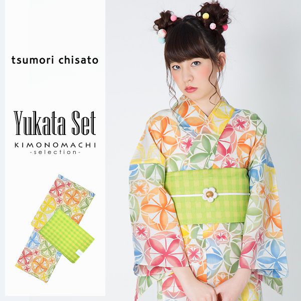 ツモリチサト浴衣セット「カラフル　丸七宝と猫」tsumori chisato 女性浴衣セット お仕立て上がり浴衣 浴衣2点セット 綿浴衣