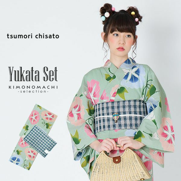 ツモリチサト浴衣セット「グリーン　朝顔」tsumori chisato 女性浴衣セット お仕立て上がり浴衣 浴衣2点セット 綿浴衣