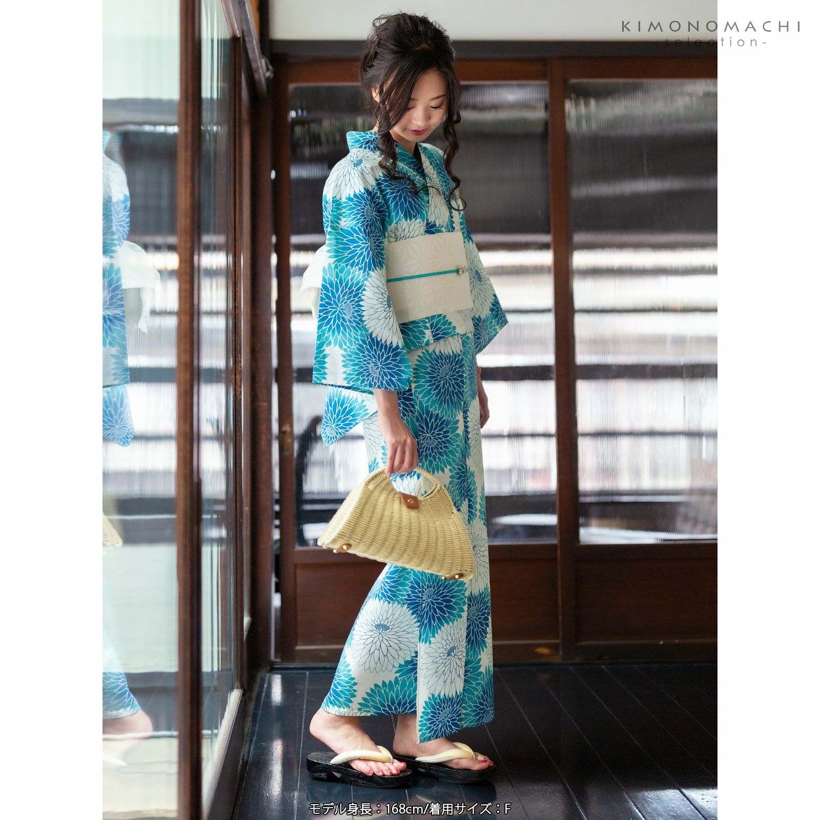 浴衣 単品 レディース 「ブルー丸菊」 女性浴衣単品 フリーサイズ 綿  