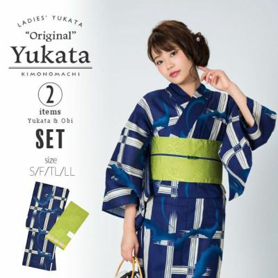 【Prices down】KIMONOMACHI浴衣セット「紺色 格子にコウモリ」S、F、TL、LL 綿浴衣 お仕立て上がり浴衣 京都きもの町オリジナル 【メール便不可】ss2503ykl10