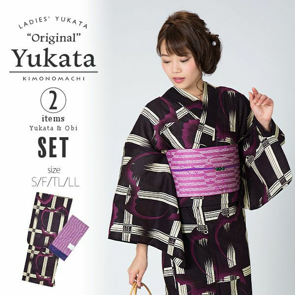 KIMONOMACHI浴衣セット「紫色 格子にコウモリ」S、F、TL、LL 綿浴衣 お仕立て上がり浴衣 京都きもの町オリジナル