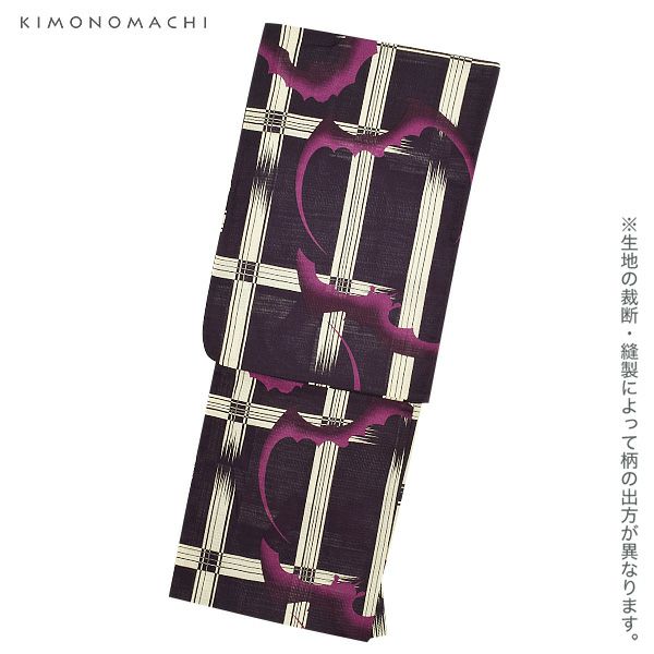 KIMONOMACHI浴衣セット「紫色 格子にコウモリ」S、F、TL、LL 綿浴衣 お