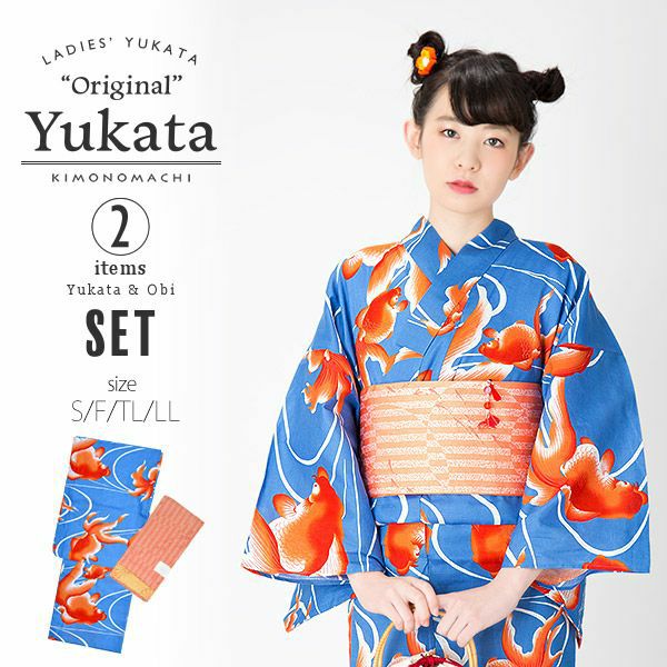 KIMONOMACHI浴衣セット「赤色金魚」S、F、TL、LL 綿浴衣 お仕立て上がり浴衣 京都きもの町オリジナル