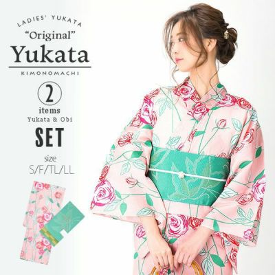 【Prices down】KIMONOMACHI浴衣セット「ピンク 薔薇」S、F、TL、LL 綿浴衣 お仕立て上がり浴衣 京都きもの町オリジナル 【メール便不可】ss2503ykl10