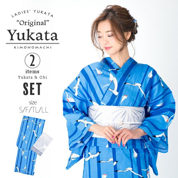 KIMONOMACHI浴衣セット「ブルー ヨットとカモメ」S、F、TL、LL 綿浴衣 お仕立て上がり浴衣 京都きもの町オリジナル