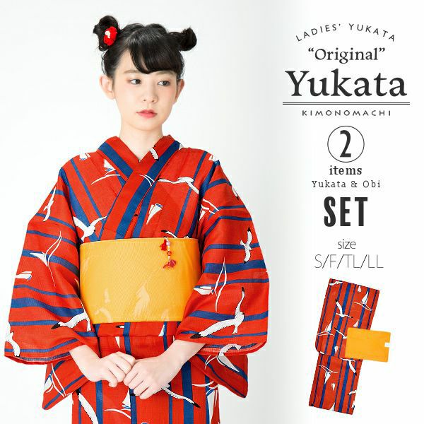 KIMONOMACHI浴衣セット「レッド ヨットとカモメ」S、F、TL、LL 綿浴衣 お仕立て上がり浴衣 京都きもの町オリジナル